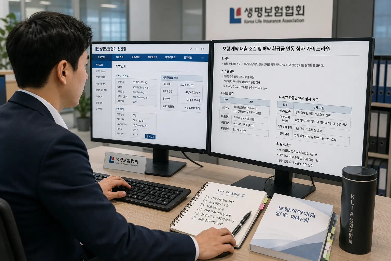 보험 계약 대출 조건과 해약 환급금 연동 심사 가이드라인을 생명보험협회 전산망으로 검토하는 직장인