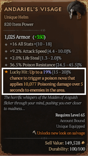 디아블로4 샤코, 희귀 고유 아이템 정보