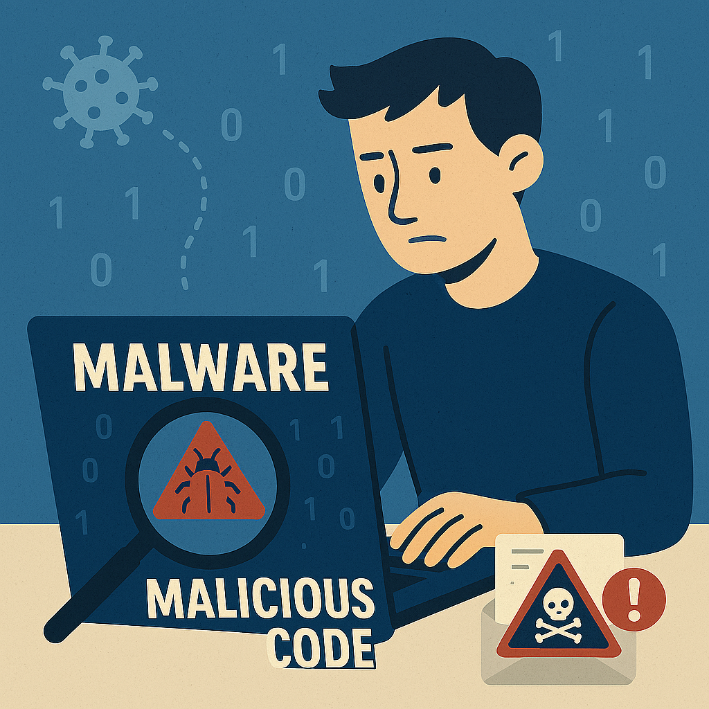 악성코드에 걸린 컴퓨터로 작업하는 사람 이미지