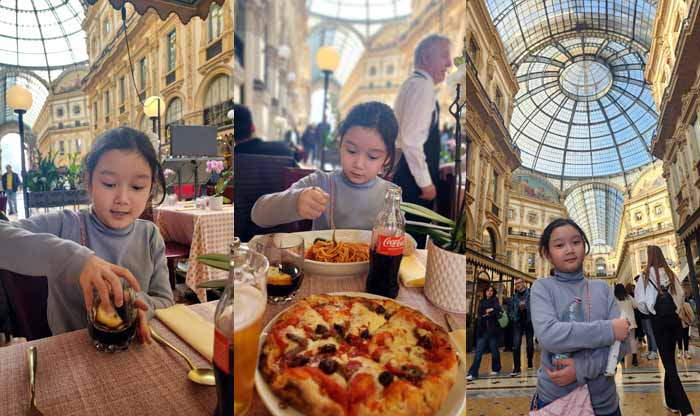 밀라노 두오모 광장 갤러리아 쇼핑 센타 내 레스토랑에서 먹는 이탈리아 파스타와 피자