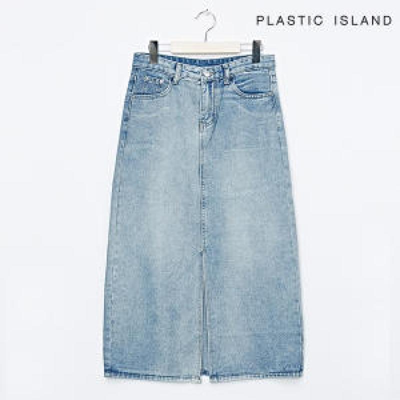플라스틱아일랜드 H라인 데님 밑단 트임 롱 스커트 PPTWS003