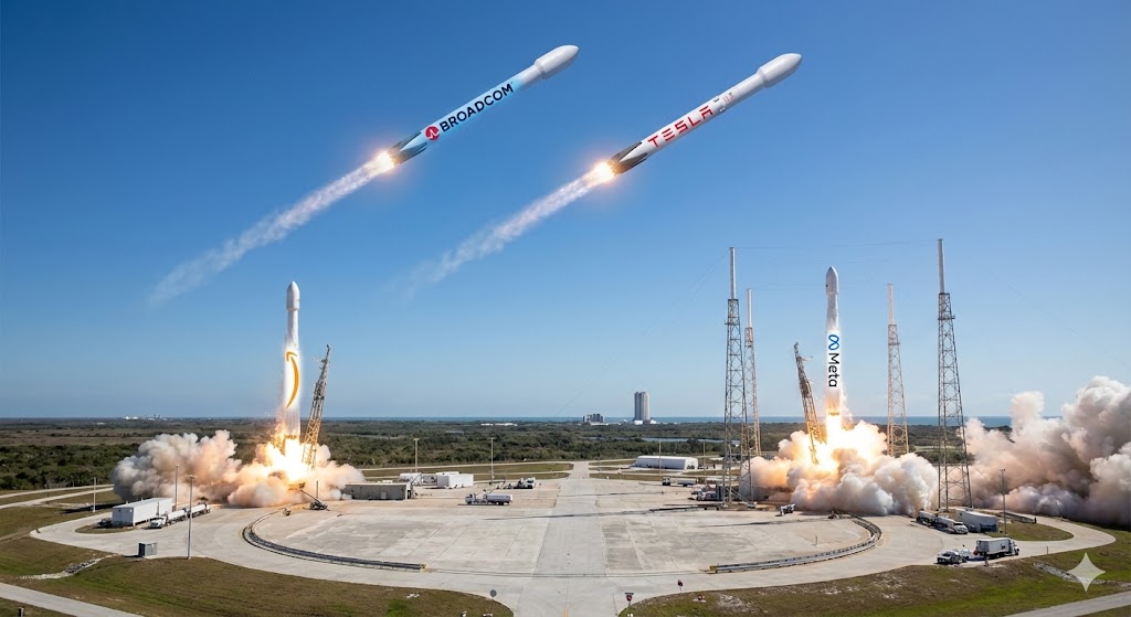 브로드컴과 테슬라 로켓이 날아가고, 그 뒤에서 아마존과 메타가 "나도 데려가!" 하며 출발 준비를 하는 모습