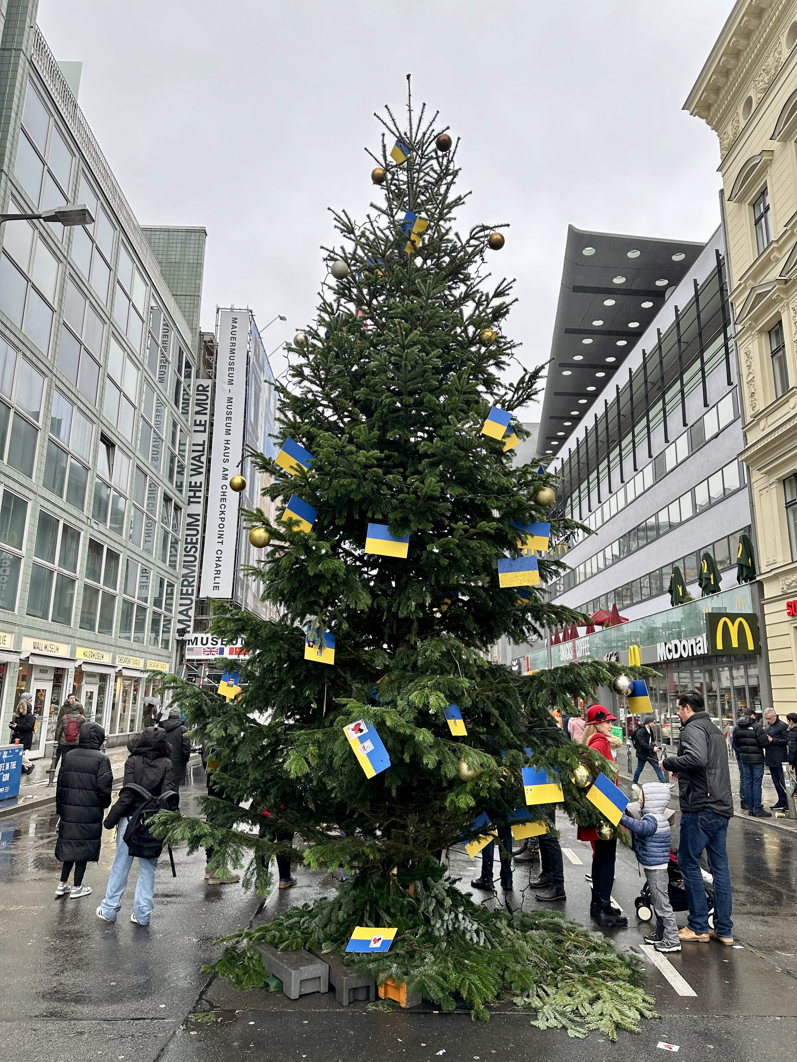 우크라이나 국기가 걸린 체크포인트 찰리 앞 나무