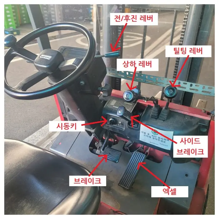 지게차 운전석에서 보이는 조작부 사진입니다.