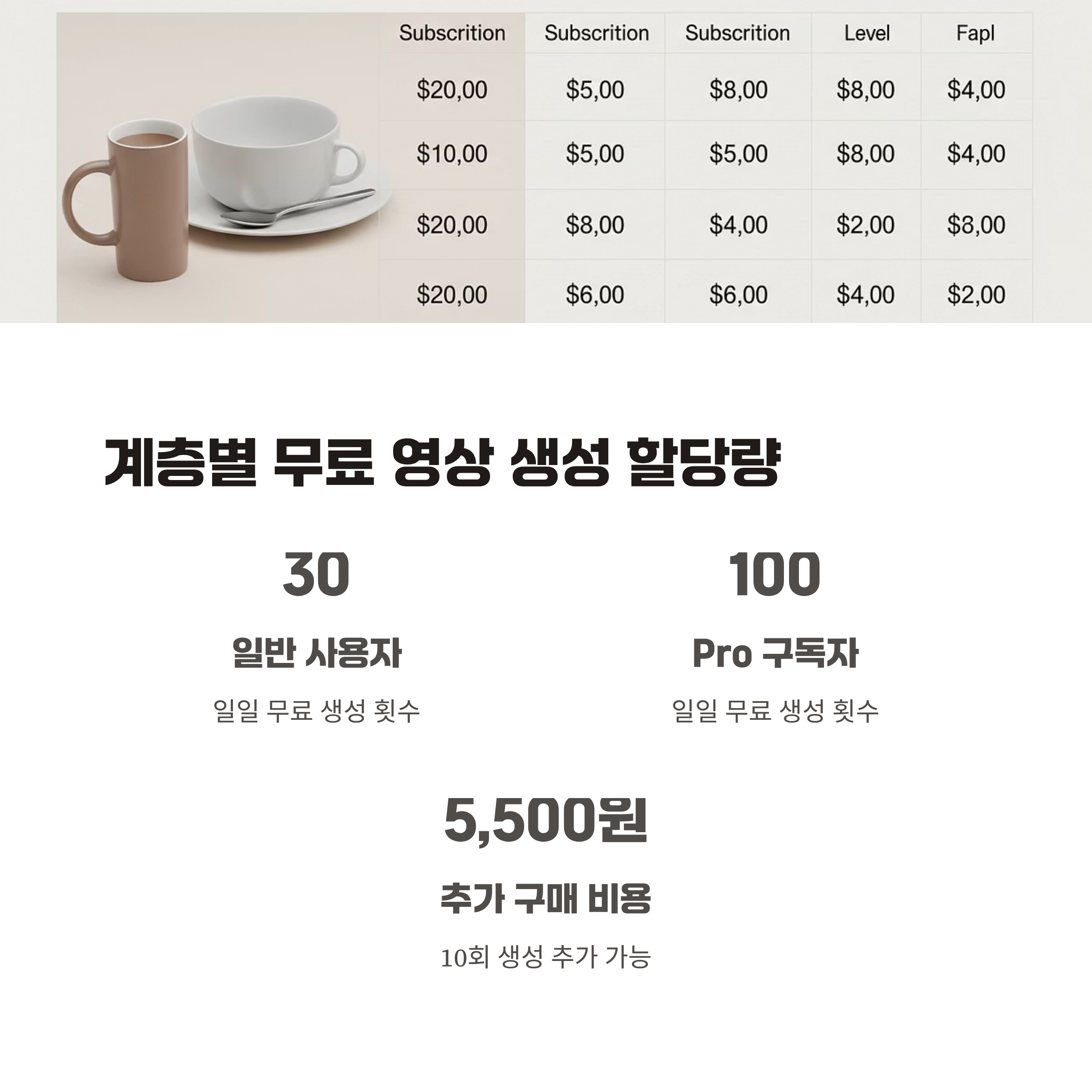 계층별 무료 영상 생성 할당량 및 추가 구매 📊