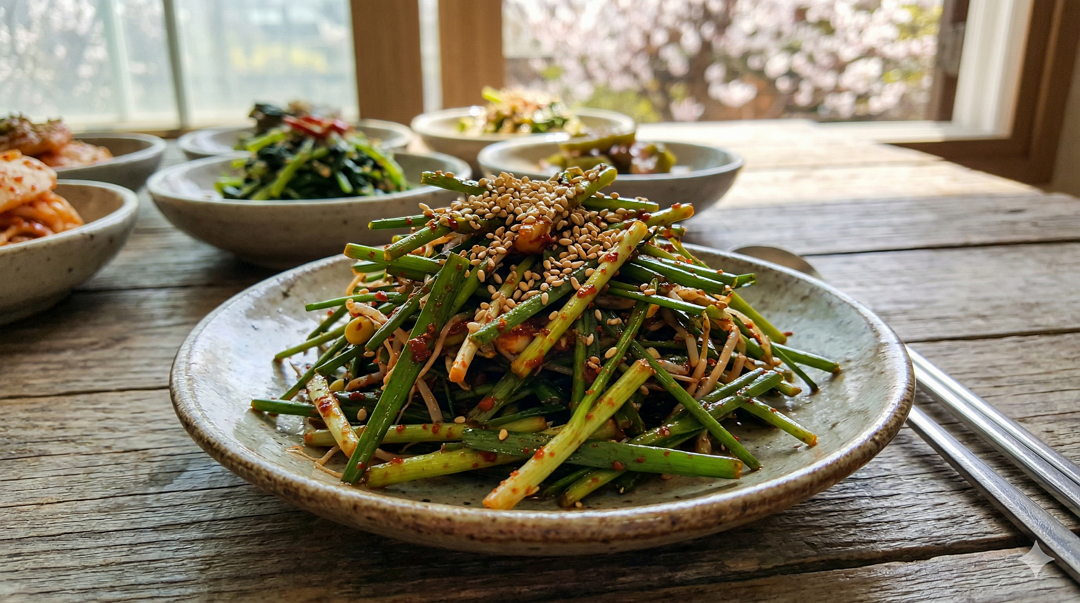 봄 달래 무침 접시 위에 올려진 사진