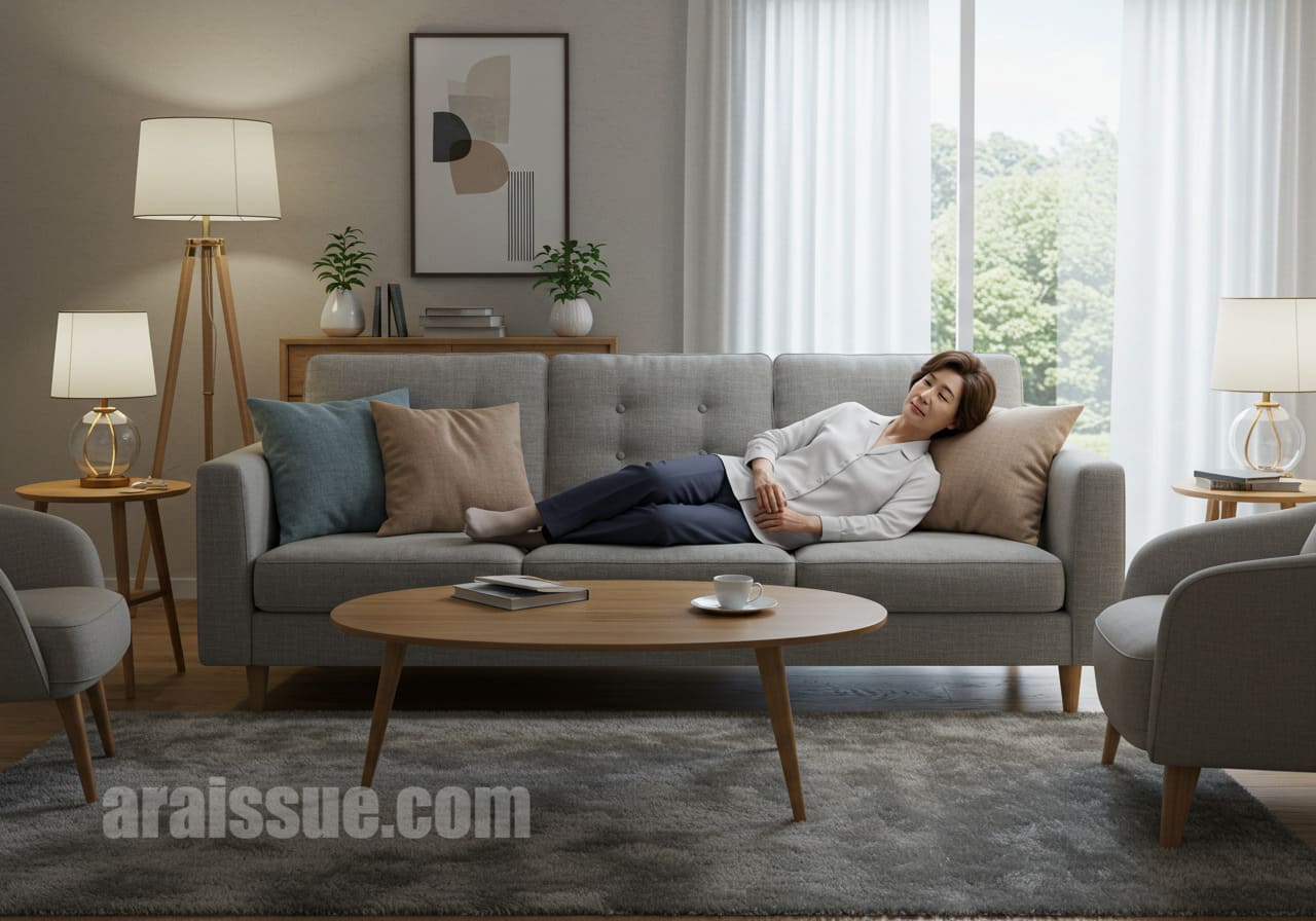 50대 한국 여성이 자궁근종 수술 후 현대적인 거실에서 편안하게 회복 중인 모습. 아늑한 분위기의 실내에서 휴식을 취하고 있습니다.