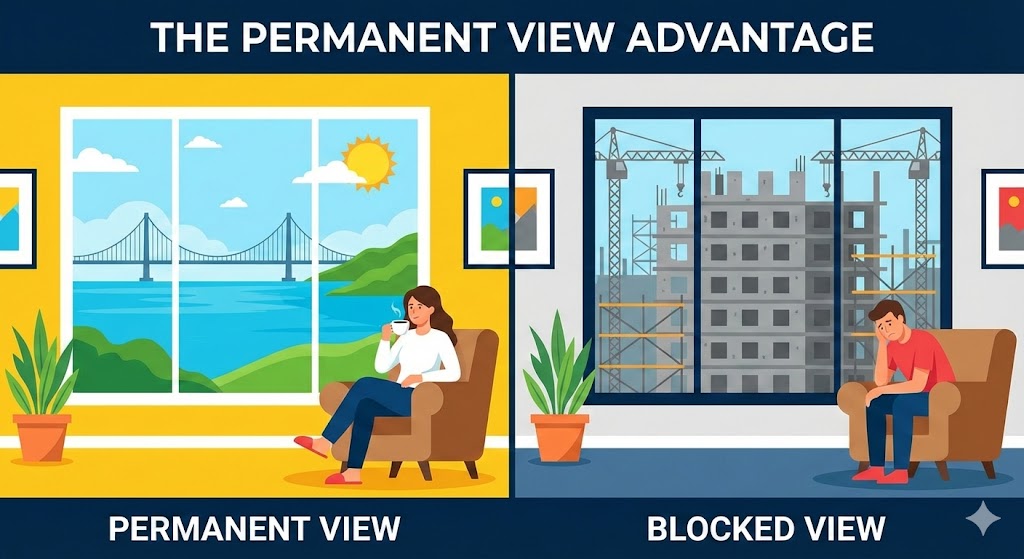 부산 아파트 영구 조망권과 건물에 가려진 조망권 비교 일러스트