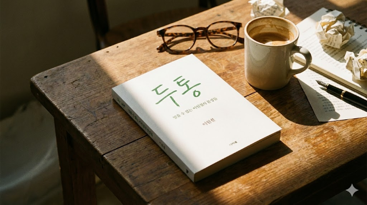 늦은 오후의 햇살이 길게 드리운 원목 테이블 위에 소설책 <두통>이 놓여 있고, 그 옆에는 식어가는 커피 한 잔과 뿔테 안경이 무심하게 놓여 있어 지적인 고독감을 자아내는 고해상도 이미지