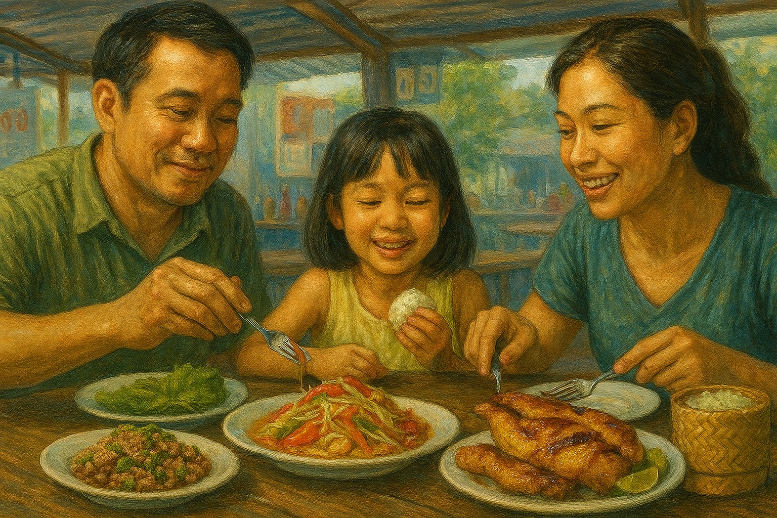 쏨땀, 라브, 카이 양 등을 한 상에 차려 온 가족이 나눠먹는 식사 장면