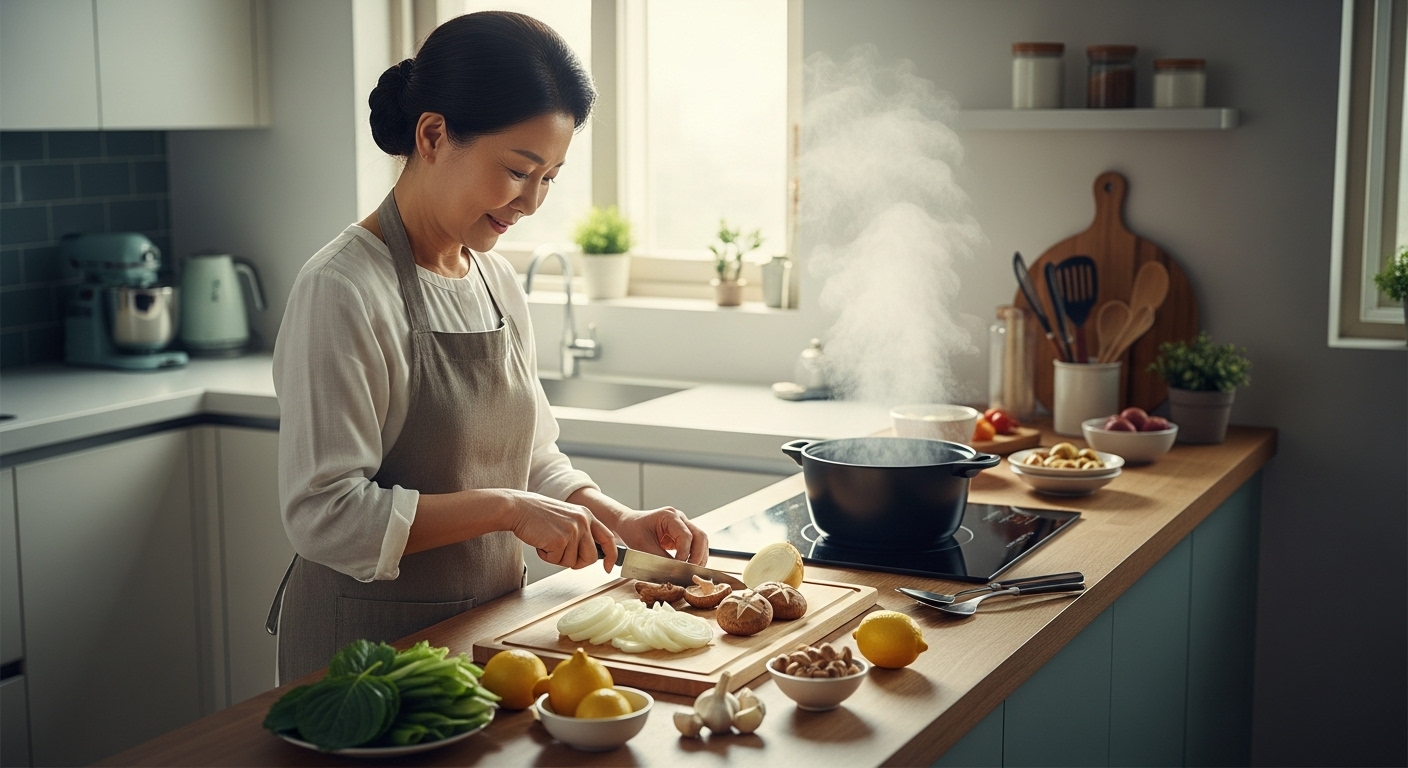 레몬즙을 떨어뜨리며 나트륨을 줄인 드레싱을 만드는 장면, 투명한 유리볼과 한국식 재료