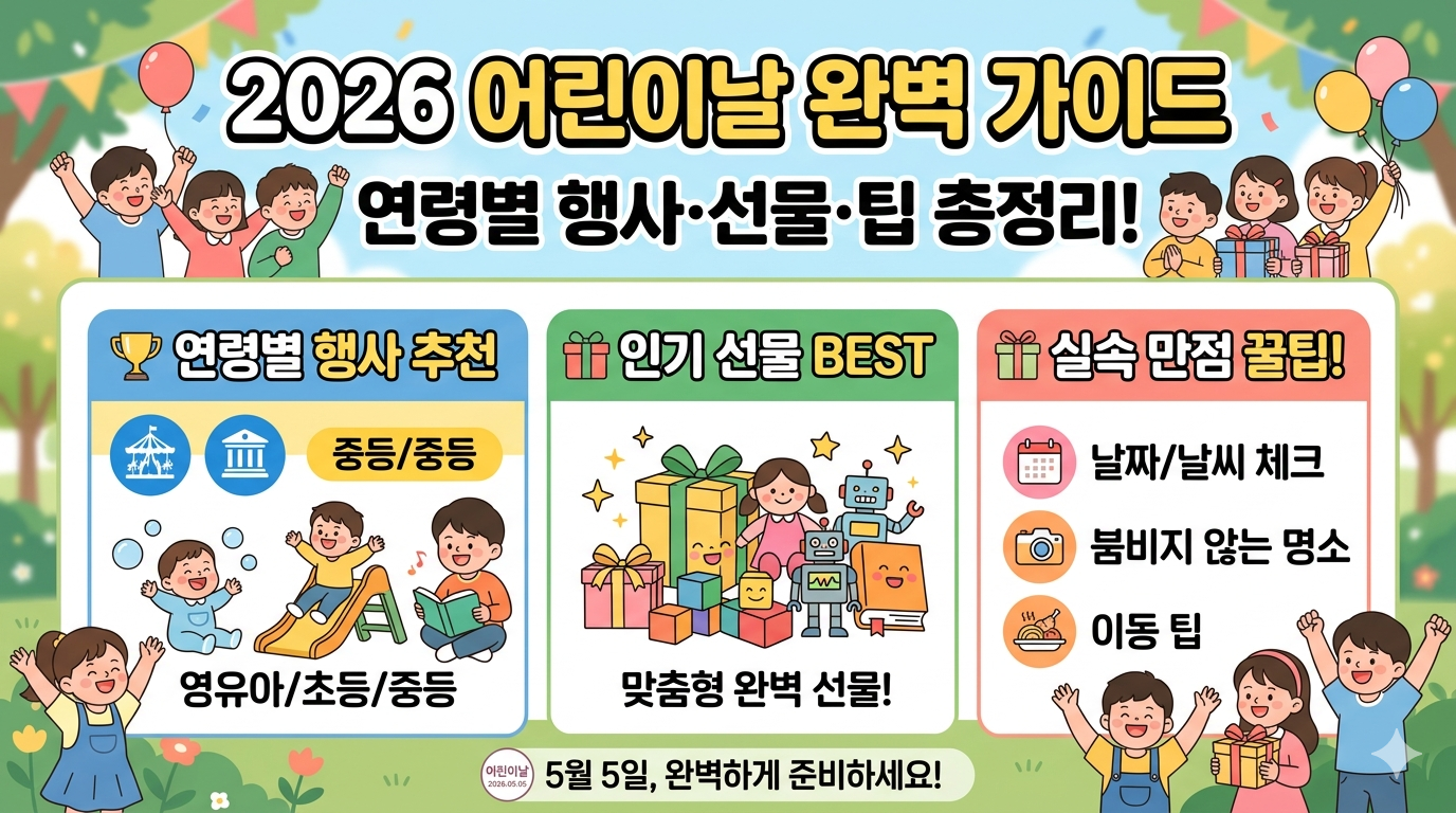 2026 어린이날 완벽 가이드 &mdash; 연령별 행사&middot;선물&middot;팁 총정리

5월 5일 어린이날, 어디 갈지 아직 못 정하셨나요 지금 바로 계획 세우세요!