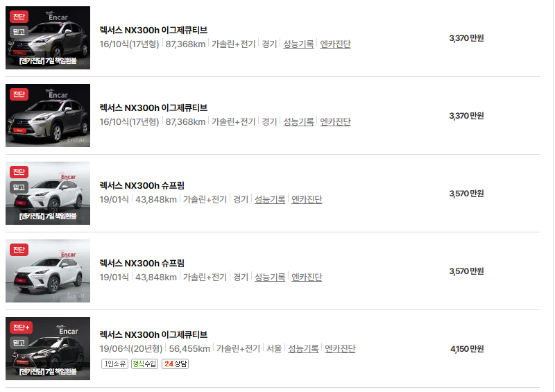 렉서스 NX 중고차 가격 시세표 연비