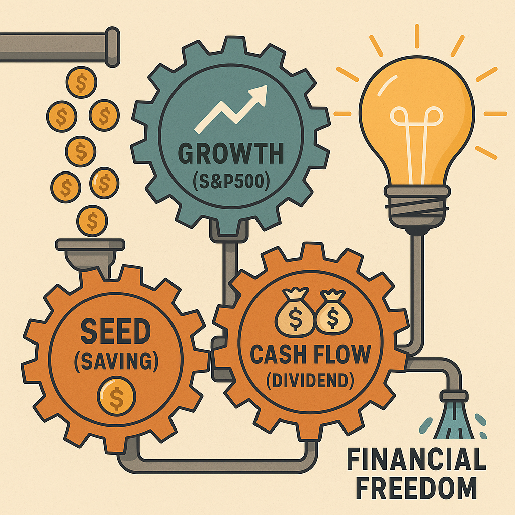 세 개의 기어가 맞물려 돌아가는 일러스트. 첫 번째 기어는 'SEED(절약)'로 동전이 들어가고, 두 번째 기어는 'GROWTH(S&P500)'로 상향 화살표가 있으며, 세 번째 기어는 'CASH FLOW(배당)'로 돈 가방과 물이 나온다. 이 기어들이 연결되어 'FINANCIAL FREEDOM' 전구를 밝히고 있다.