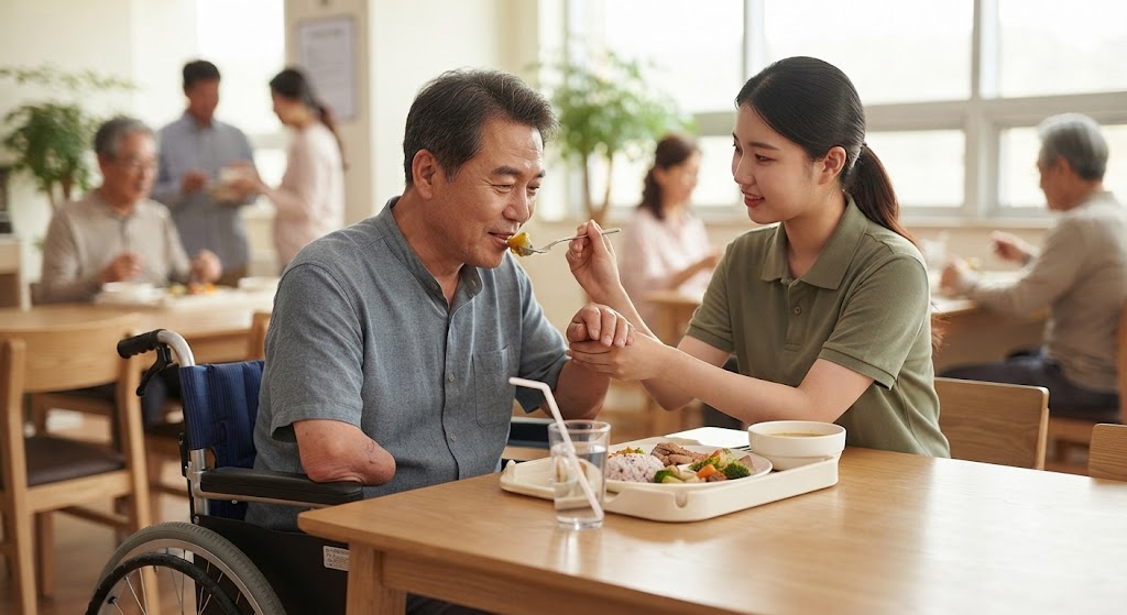 장애인의 식사를 도와주고 있는 모습