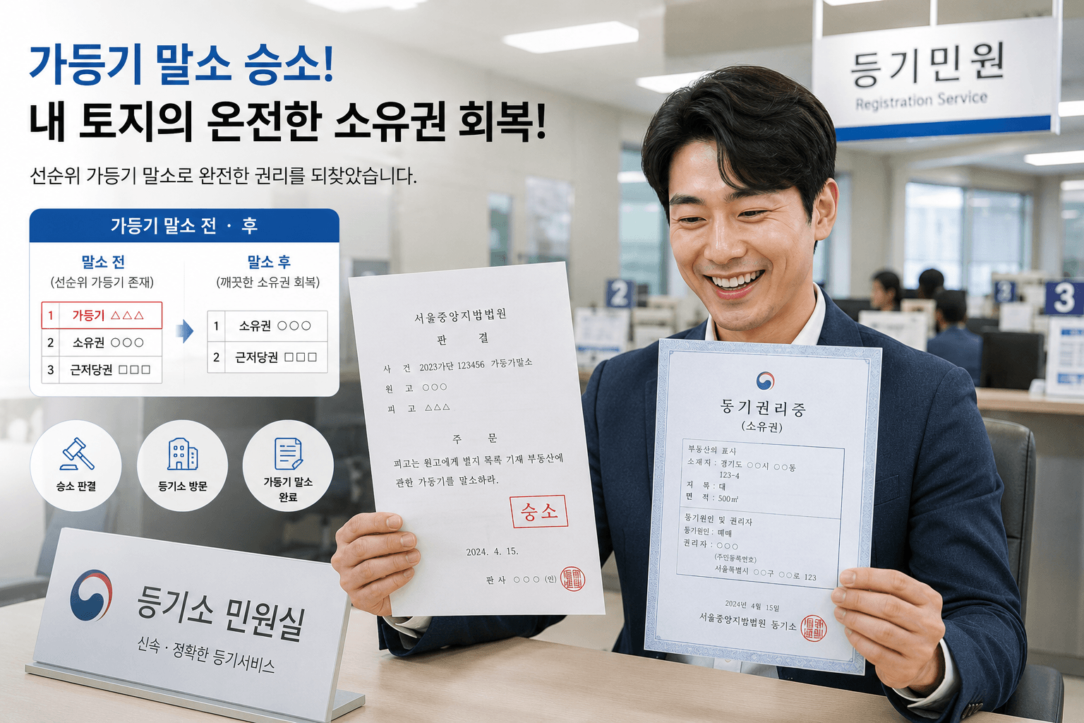 승소한 가등기 말소 판결문을 들고 등기소 민원실에 방문하여 선순위 가등기를 지우고 온전한 토지 소유권 권리증을 발급받아 확인하는 투자자의 모습