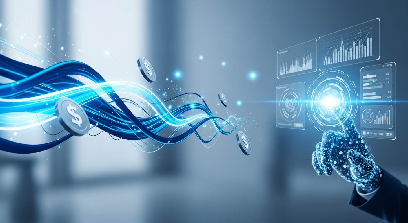 AI 기술을 활용한 수익 창출의 개념을 보여주는 이미지. 디지털화된 손이 홀로그램 인터페이스에서 그래프와 돈을 나타내는 기호를 조작하고 있으며, 파란색과 회색 톤의 추상적인 AI 요소들이 주변을 감싸고 있습니다.