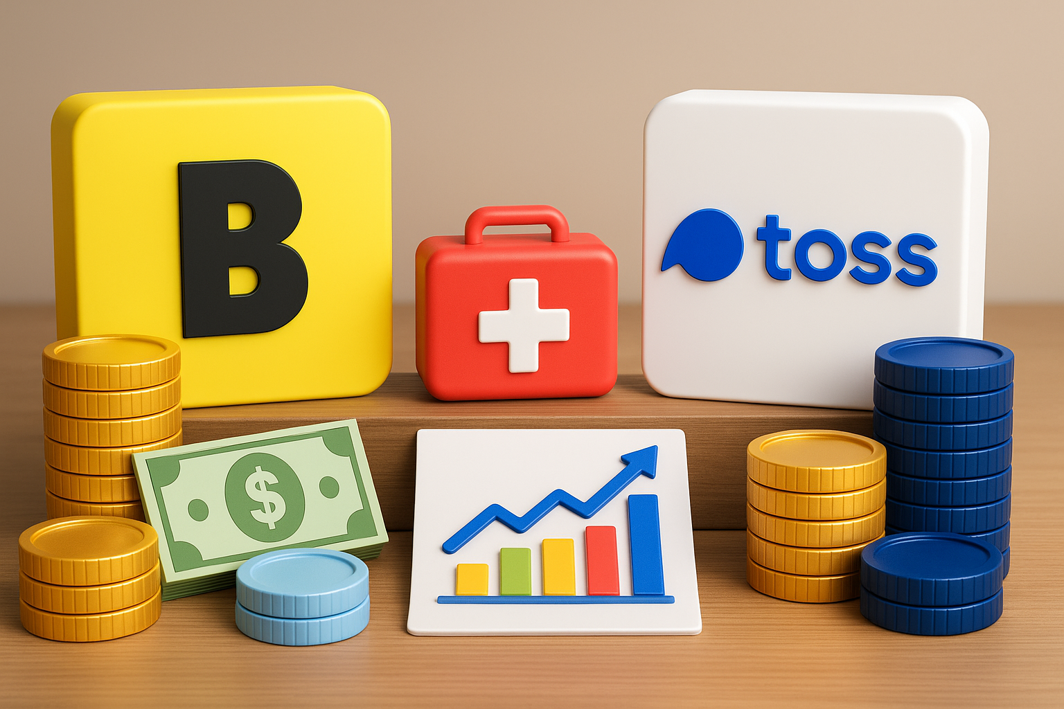 카카오뱅크, 토스뱅크의 아이콘과 비상금을 형상화한 동전과 응급상자를 표현한 그림