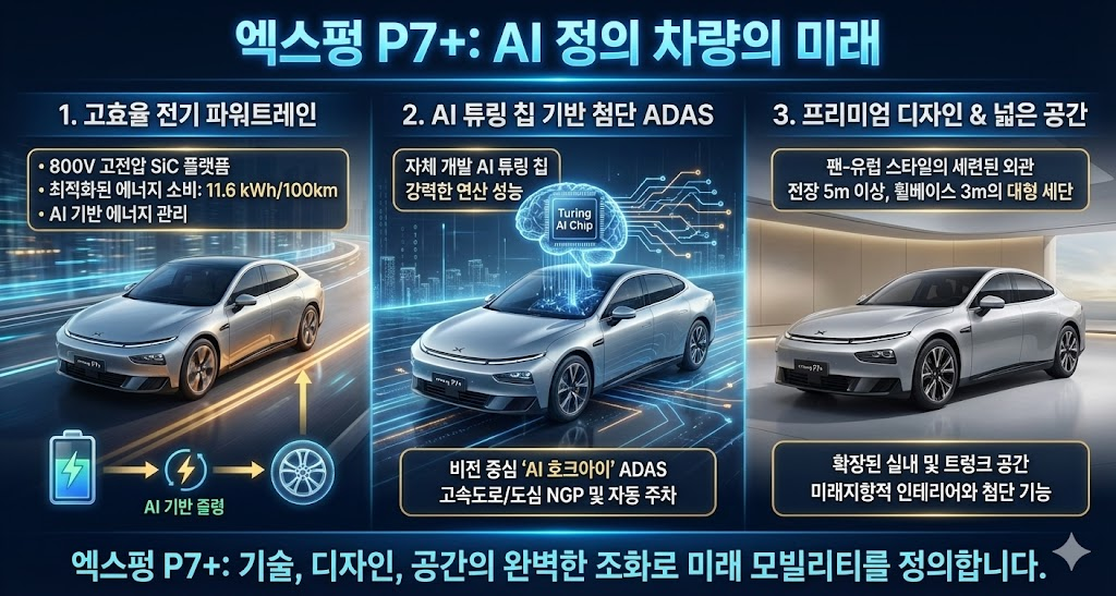 샤오펑 P7+와 G7에 탑재된 2,250 TOPS 튜링 AI 칩 아키텍처와 1,704km 주행거리를 제공하는 차세대 EREV 플랫폼 구조도