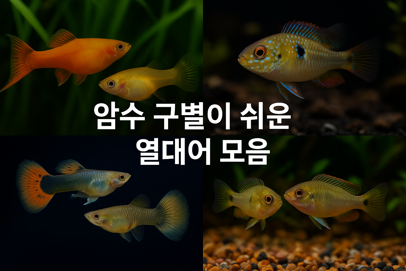 물고기 네 종류의 사진이 4분할로 나뉘어 구성되어 있으며, 각각 암수의 차이가 뚜렷하게 나타난다. 왼쪽 위는 수컷의 꼬리 지느러미가 길게 뻗은 주황색 소드테일 두 마리, 오른쪽 위는 푸른 점이 있는 램 시클리드, 왼쪽 아래는 화려한 꼬리를 지닌 수컷과 단순한 암컷 구피, 오른쪽 아래는 짙은 색의 수컷과 옅은 색의 암컷 크리벤시스가 등장한다. 중앙에는 굵은 흰색 한글로 &ldquo;암수 구별이 쉬운 열대어 모음&rdquo;이라는 문구가 쓰여 있다.