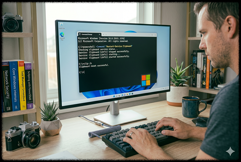 명령 프롬프트에서 클립보드를 초기화하는 명령어 실행 모습