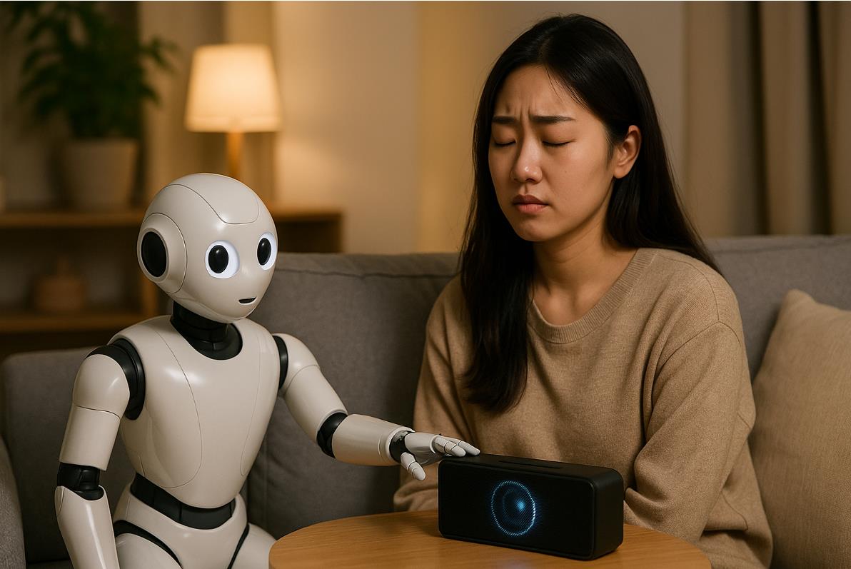 반려 로봇이 피곤해 보이는 여성 곁에서 음악을 틀어 주며 위로하는 장면