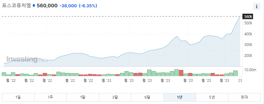 포스코퓨처엠 1년 주가그래프입니다.