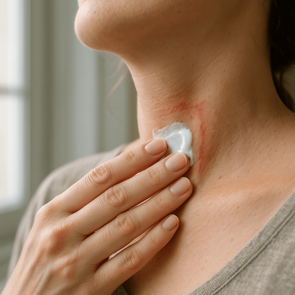 목 쥐젖 (섬유종) 제거 시술 후 피부 관리 : 자외선 차단제 바르는 모습