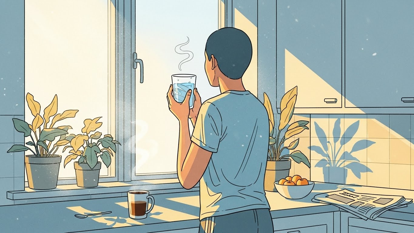 Person drinking a warm glass of water after waking up, a common Korean morning habit that helps boost digestion and morning energy naturally.