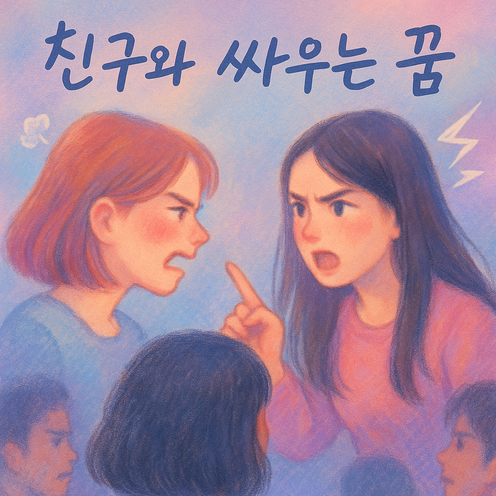 “친구와 싸우는 꿈”이라는 문구가 상단에 적힌 몽환적인 파스텔톤 일러스트.