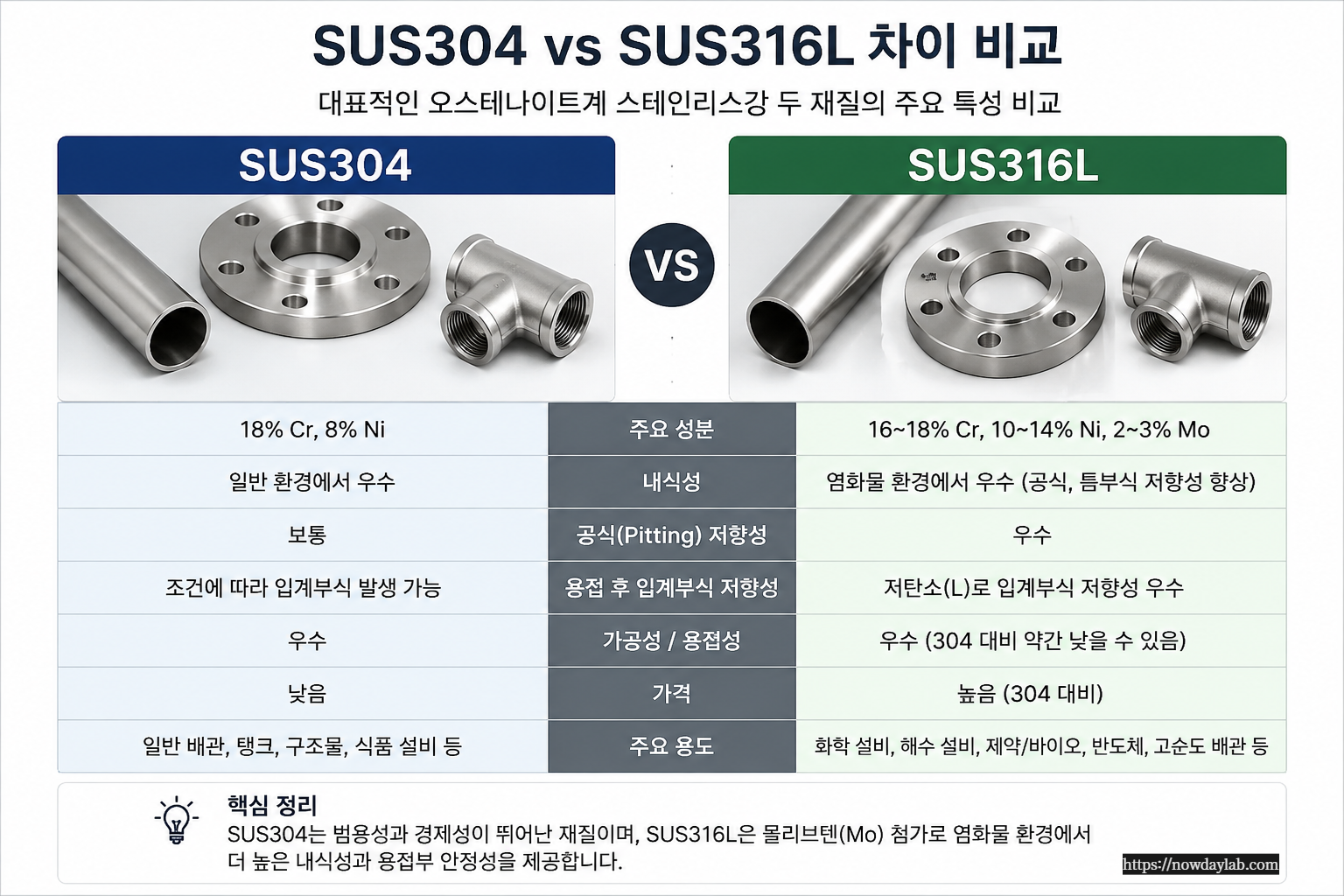 SUS304와 SUS316L 스테인리스 재질 차이 비교