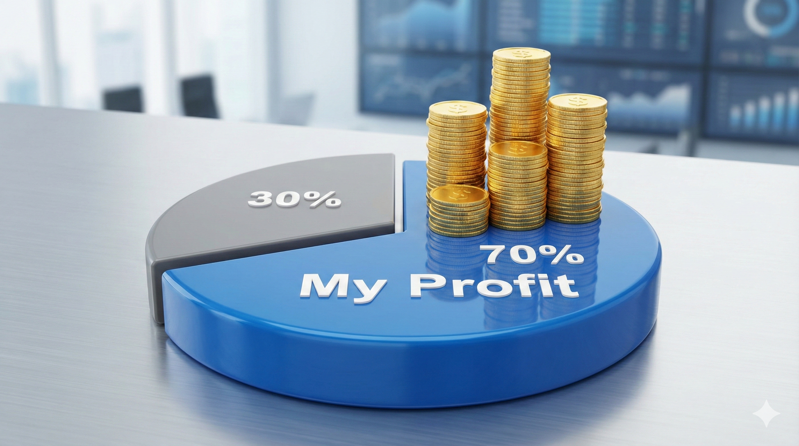 파이 차트가 70%(파란색-내 수익)와 30%(회색-공공 수익)로 나뉘어 있고, 70% 쪽에 금화가 쌓여 있는 모습