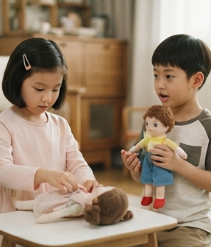 두 아이가 각자 다른 역할로 인형놀이하는 모습