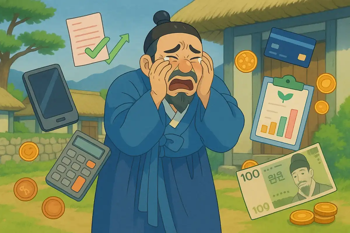 전통 의상의 재정 스트레스 캐릭터 일러스트