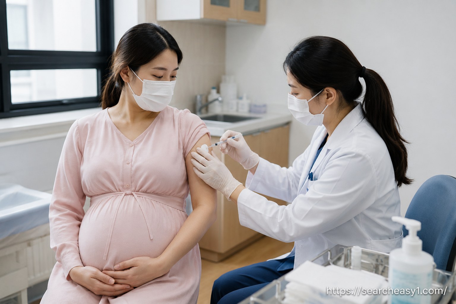 임신부가 의료기관에서 인플루엔자 무료 예방접종을 받고 있는 전경