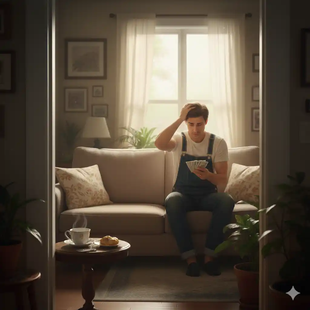 계약갱신청구권 거부로 홀로 방안에 앉아 이사 비용을 걱정하는 세입자