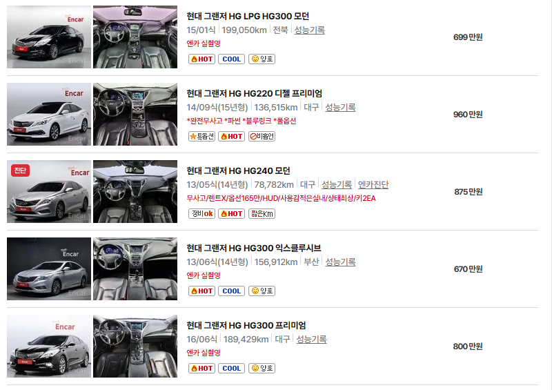 현대 그랜저 중고차 가격 시세표 유지비