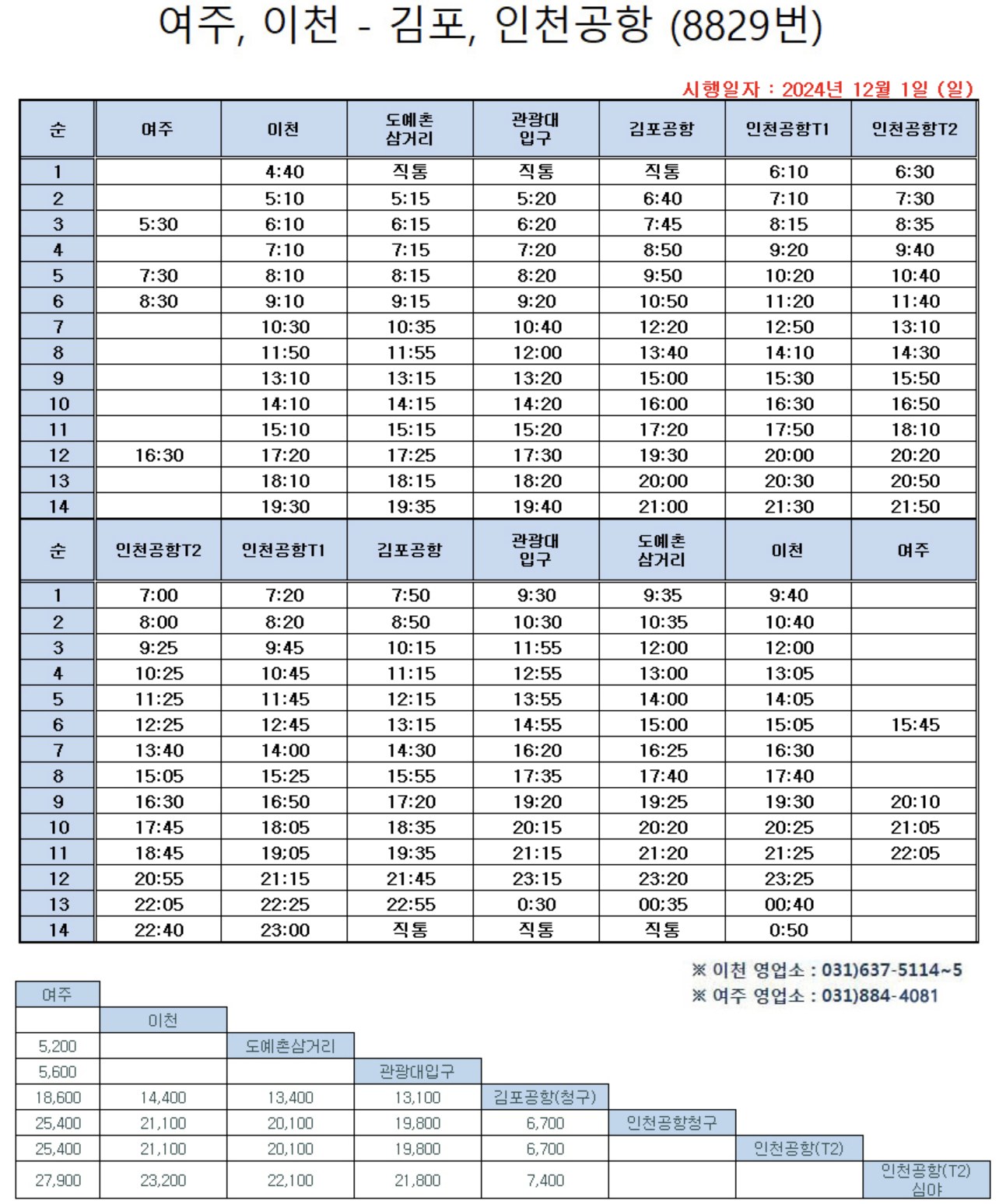 공항 버스 시간표 (8822, 8829, 8834, 8837, 8840, 8842, 8843, 8844, 8864번) 2025년 최신