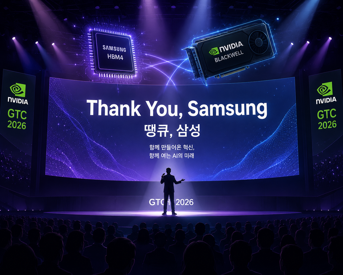 "GTC 2026 젠슨 황 삼성전자 파운드리 그록3 수주 땡큐 삼성 장면 일러스트"