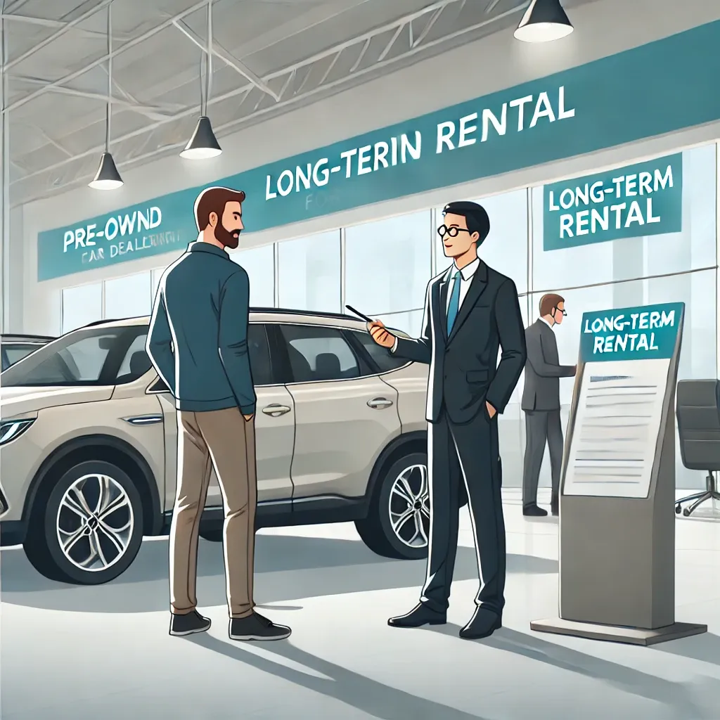 중고차 장기렌트 차량을 쇼룸에서 점검하는 고객과 직