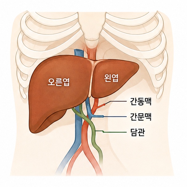 간의 오른엽과 왼엽, 간동맥, 간문맥, 담관을 나타낸 해부학 그림