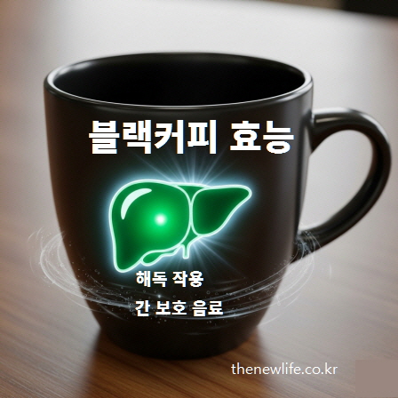 간 모양 아이콘이 빛나는 블랙커피 컵, 블랙커피의 해독 작용과 간 건강 보호 효능을 상징하는 이미지