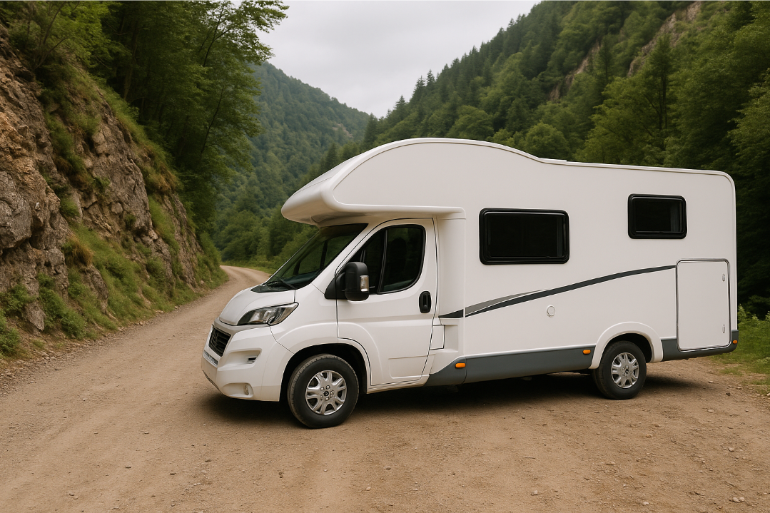 좁은 산길에서 캠핑카 진입을 멈춘 장면