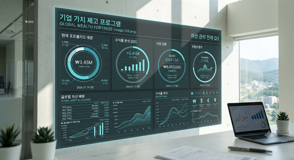 세련된 모던 오피스 빌딩 데스크 위에 놓인 태블릿 PC 화면에 선명하게 찍힌 커버드콜 배제형 순수 월배당 4대 자산의 배분 비중 원형 원장 그래프