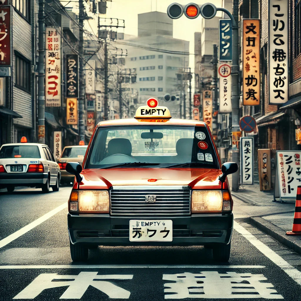 일본의 도심을 배경으로 한 택시, 전면 유리창에 '공차(空車)' 표시가 켜진 택시가 도로를 주행 중인 모습.