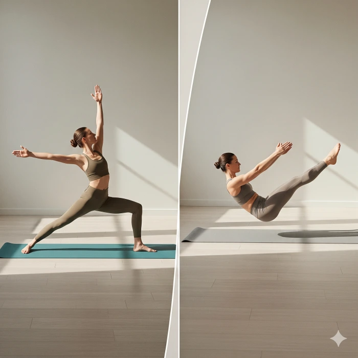 왼쪽에는 한 여성이 요가 매트 위에서 요가 자세를 취하고 있고, 오른쪽에는 다른 여성이 매트 위에서 필라테스 보트 자세를 취하고 있는 모습이 분할 화면으로 보여집니다.