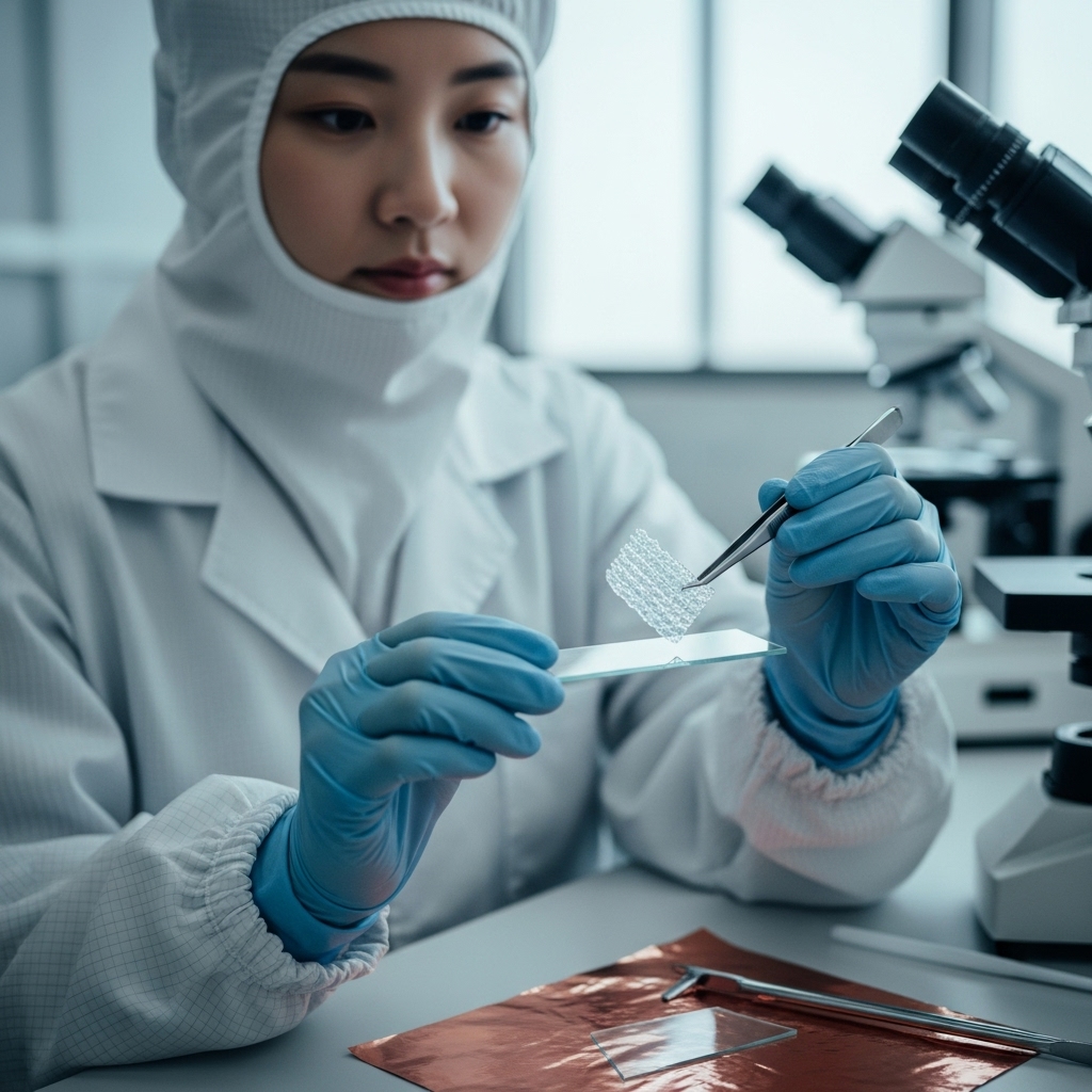 a near‑transparent graphene film on a glass slide with tweezers