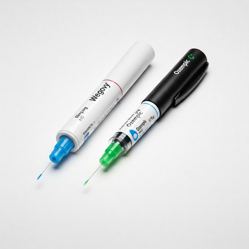 위고비(흰색/파란색 펜)와 오젬픽(검은색/녹색 펜) 주사제를 나란히 비교한 이미지