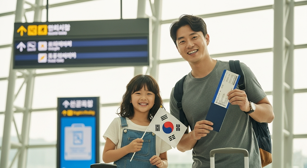 인천공항에서 비행기 티켓을 들고 환하게 웃는 한국 부모와 아이
