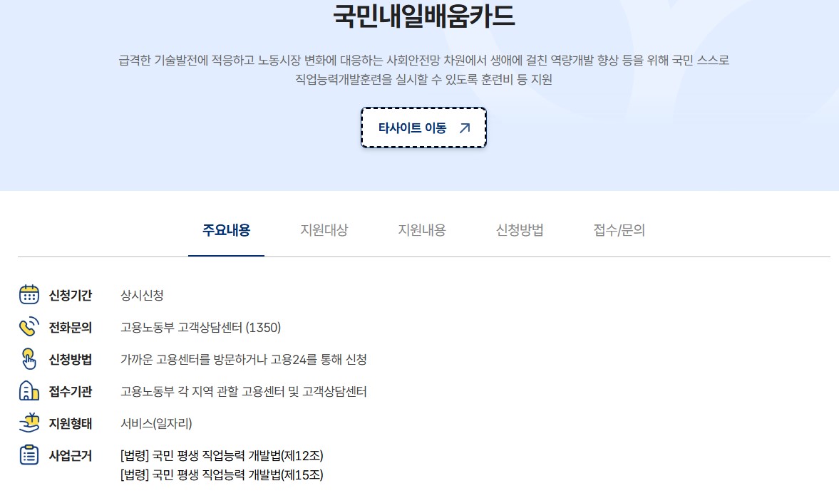 <img src="2025-국민내일배움카드-신청방법-지원내용-고용24.jpg" alt="국민내일배움카드 신청 방법과 지원 내용 요약 안내 이미지, 고용노동부 제공" />